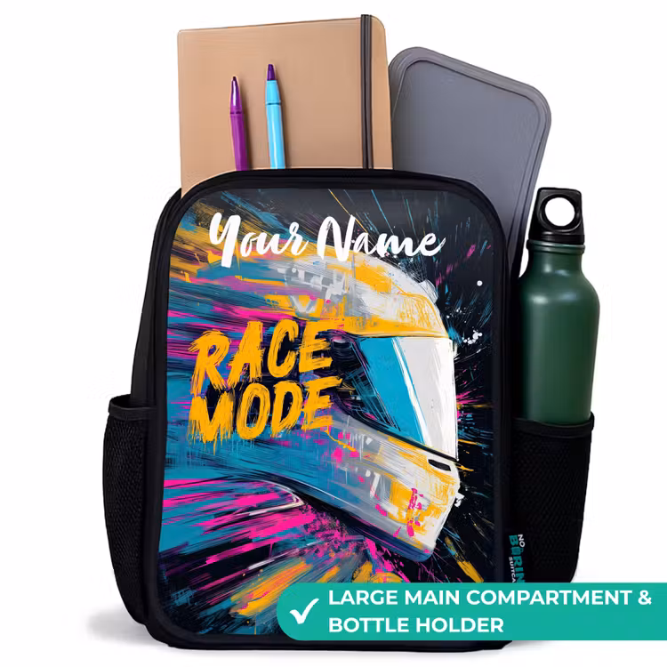 Kids backpack with name - Black - Racing helmet - Abstract - Paint - Colorful — 10