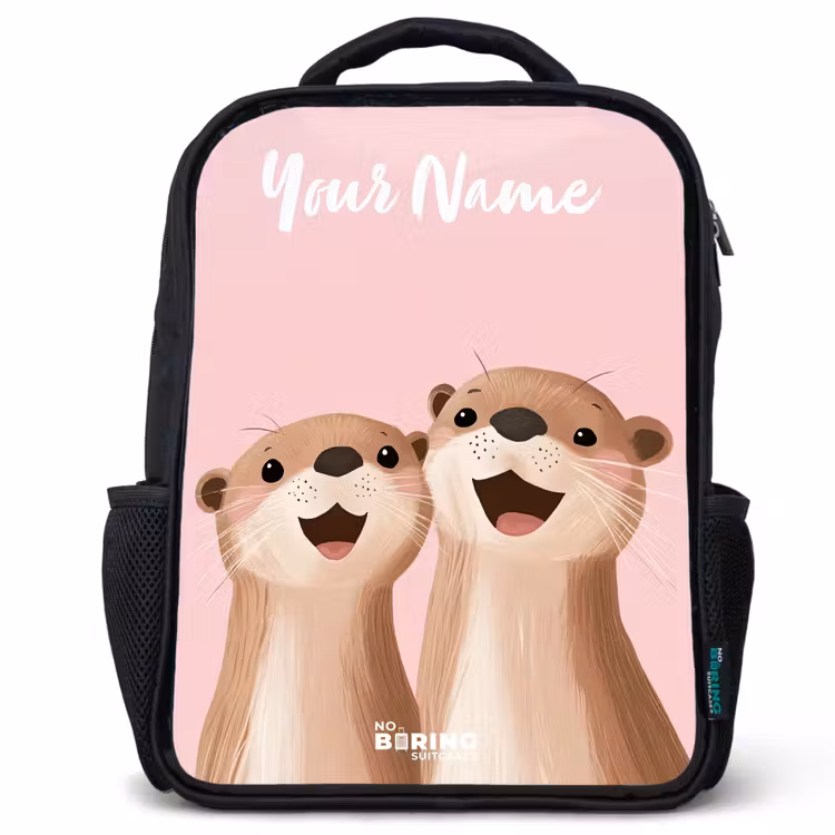 Kids backpack with name - Black - Smile - Otters - Pink - Illustration — 1