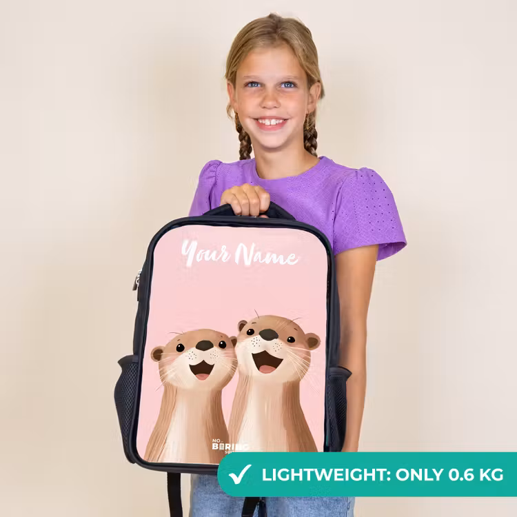 Kids backpack with name - Black - Smile - Otters - Pink - Illustration — 9