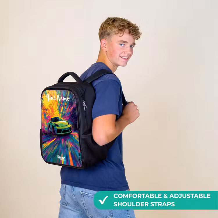 Kids backpack with name - Black - Sports car - Green - Paint stripes - Colors — 11