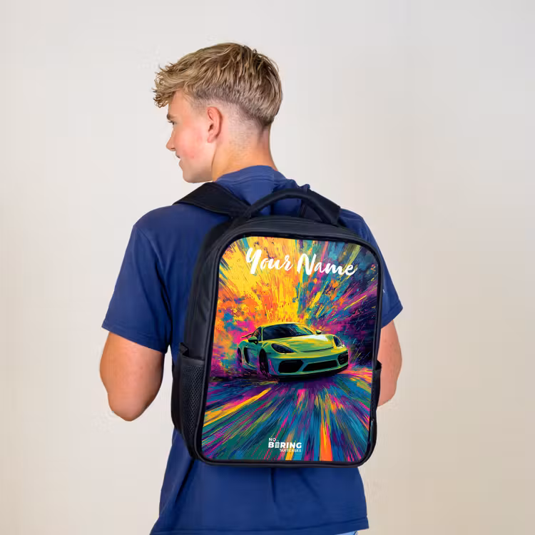 Kids backpack with name - Black - Sports car - Green - Paint stripes - Colors — 5