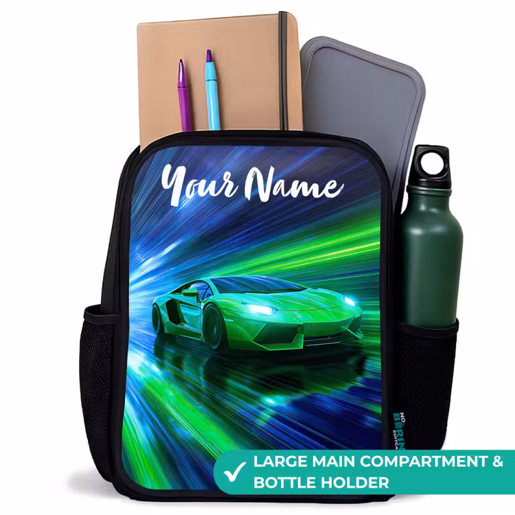 Kids backpack with name - Black - Sports car - Green - Speed Lines - Neon — 10