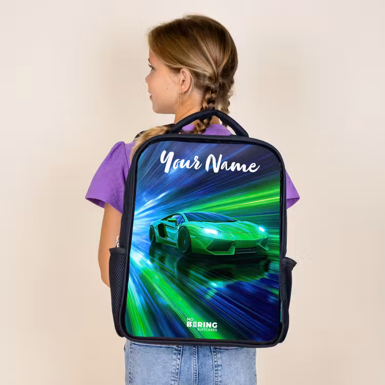 Kids backpack with name - Black - Sports car - Green - Speed Lines - Neon — 4