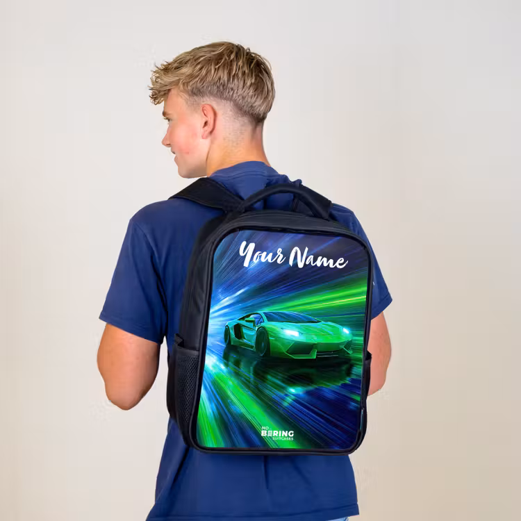 Kids backpack with name - Black - Sports car - Green - Speed Lines - Neon — 5