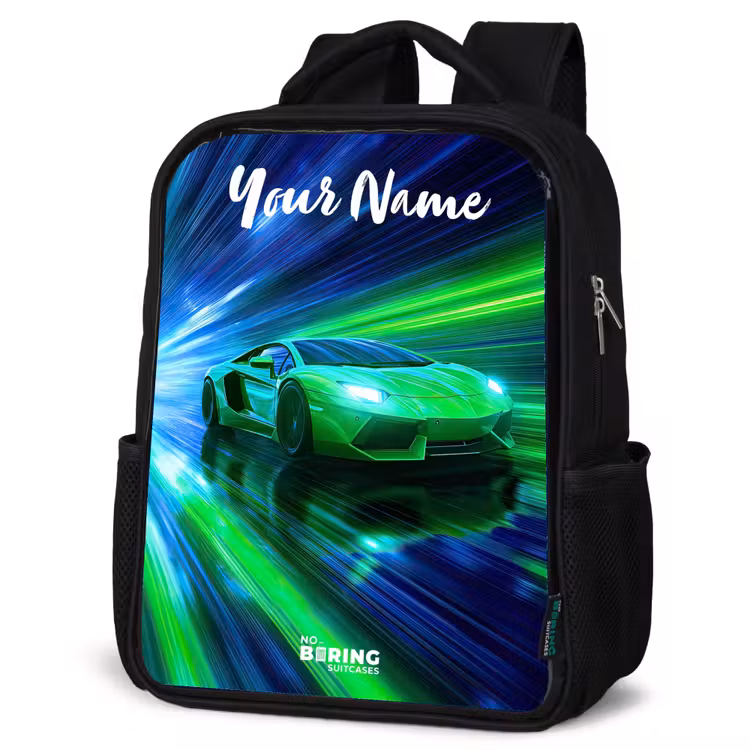 Kids backpack with name - Black - Sports car - Green - Speed Lines - Neon — 6