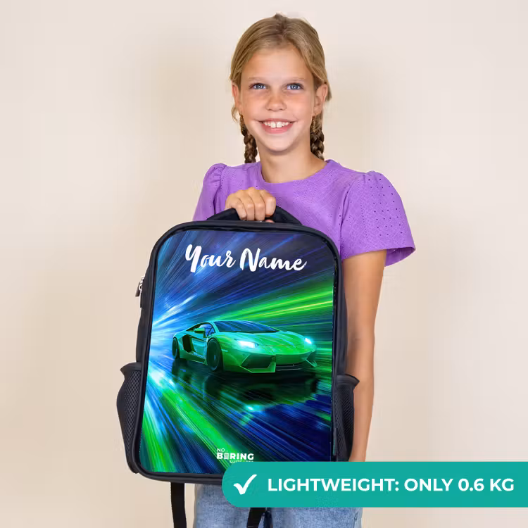 Kids backpack with name - Black - Sports car - Green - Speed Lines - Neon — 9