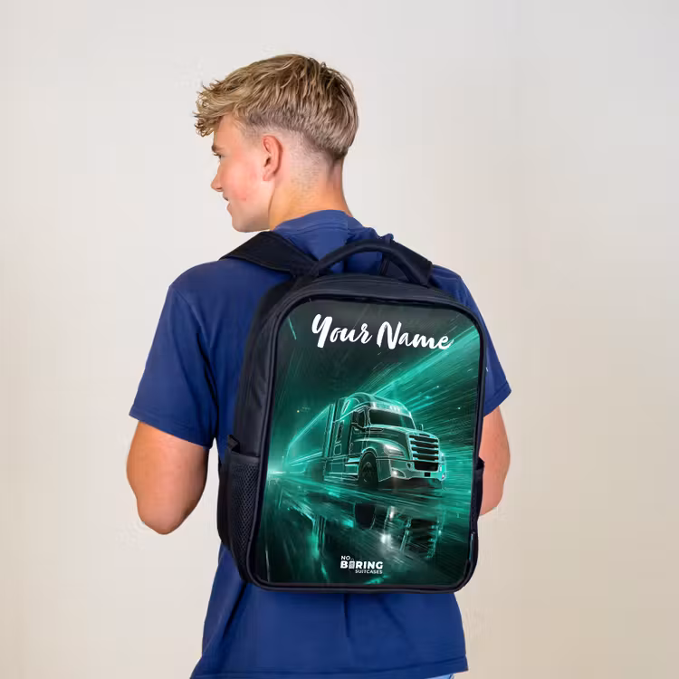 Kids backpack with name - Black - Truck - City - Green - Neon — 5