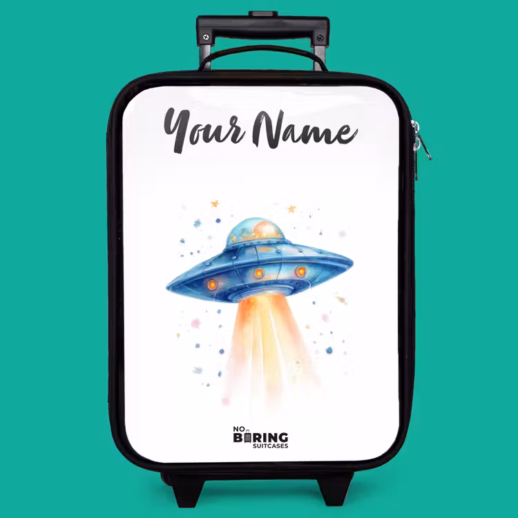 Children's suitcase with name - Blue spaceship with beam of light — 4
