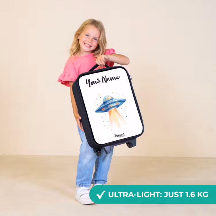 Children's suitcase with name - Blue spaceship with beam of light — 5