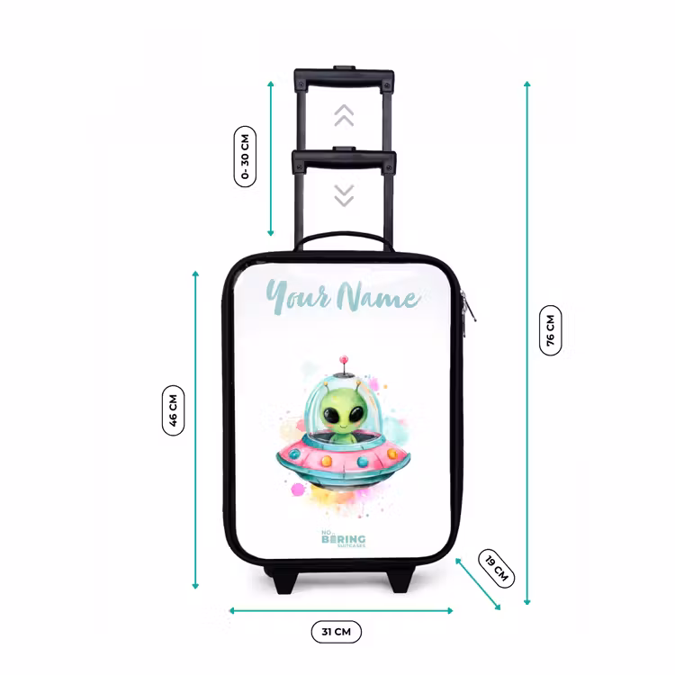 Children's suitcase with name - Green alien in colorful UFO — 3