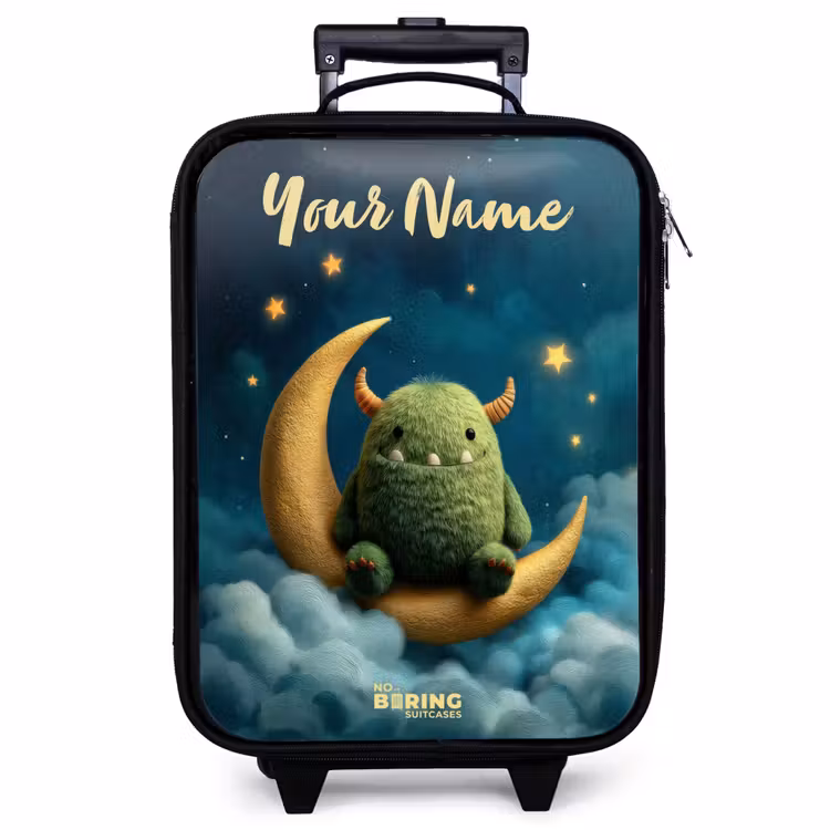 Children's suitcase with name - Green monster on crescent moon — 1