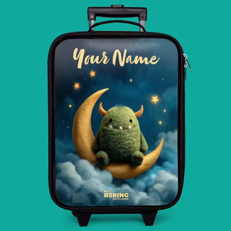 Children's suitcase with name - Green monster on crescent moon — 4