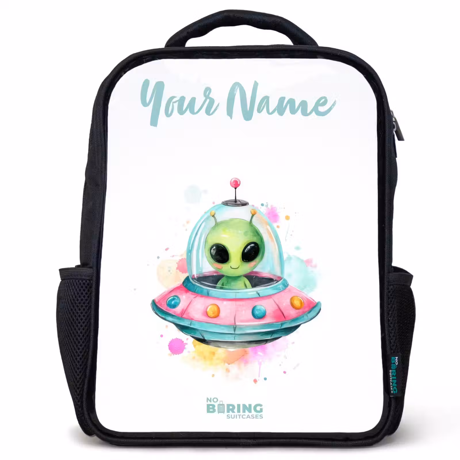 Kids backpack with name - Black - Green alien in colorful UFO — 1