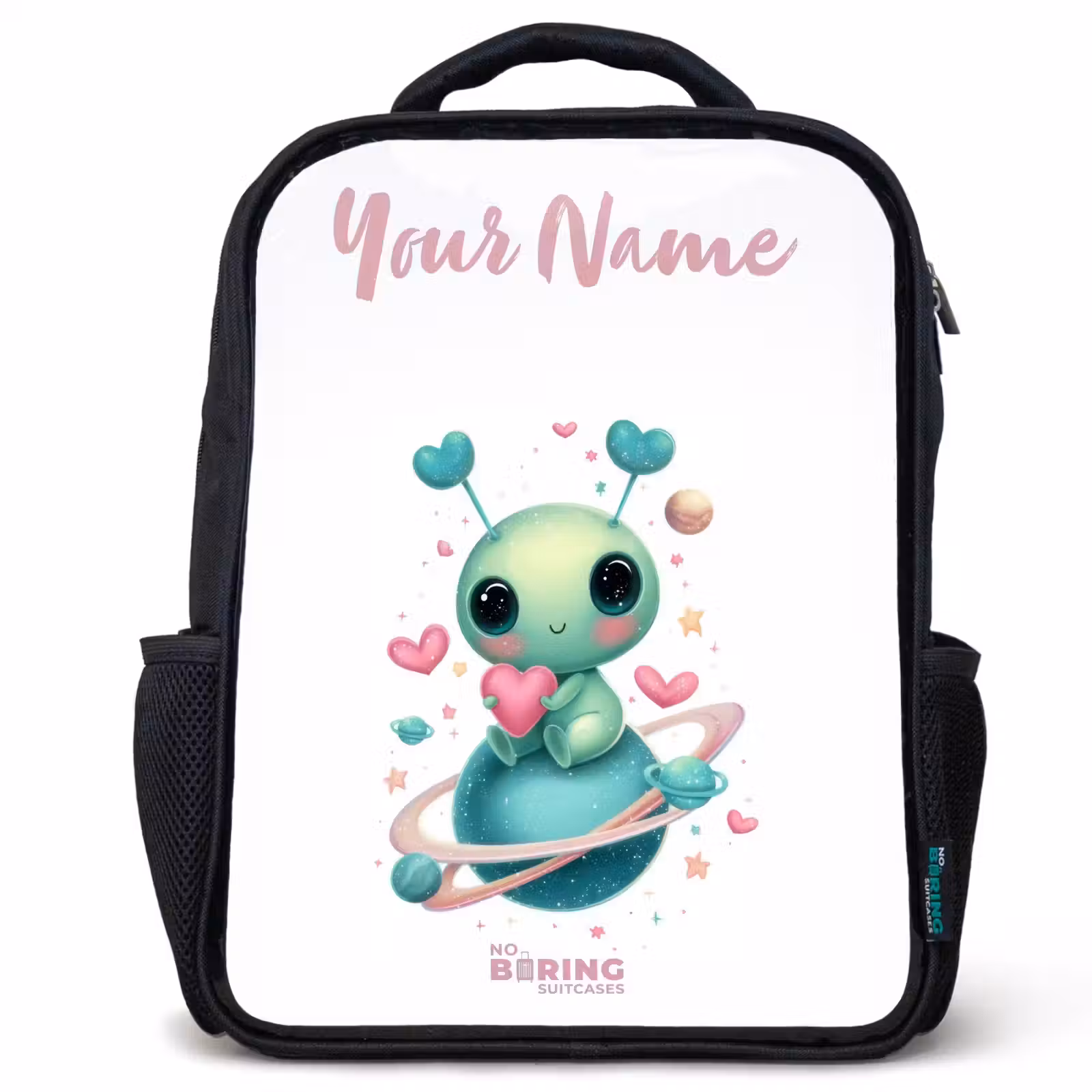 Kids backpack with name - Black - Sweet alien creature with heart — 1
