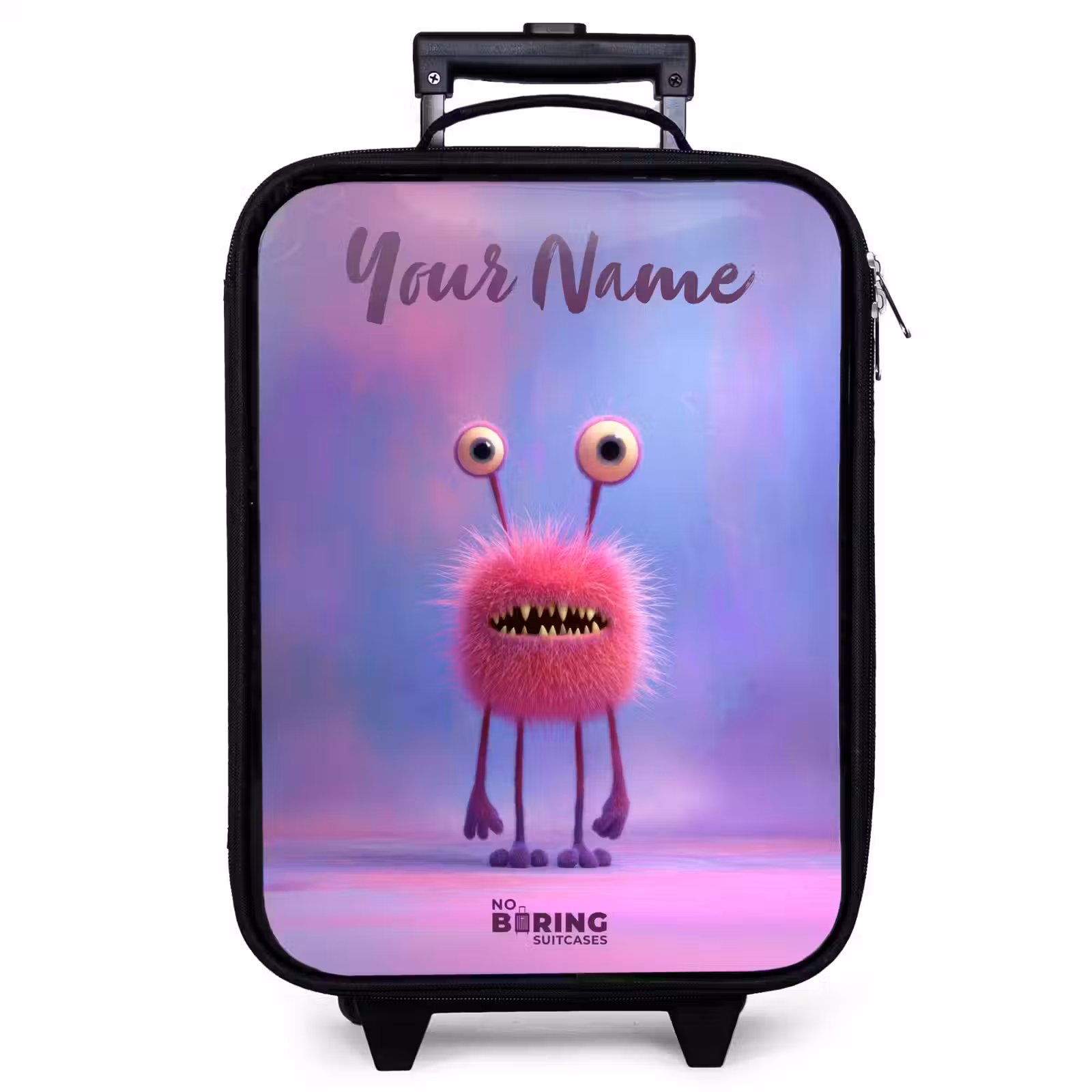 Children's suitcase with name - Pink furry monster with big eyes — 1