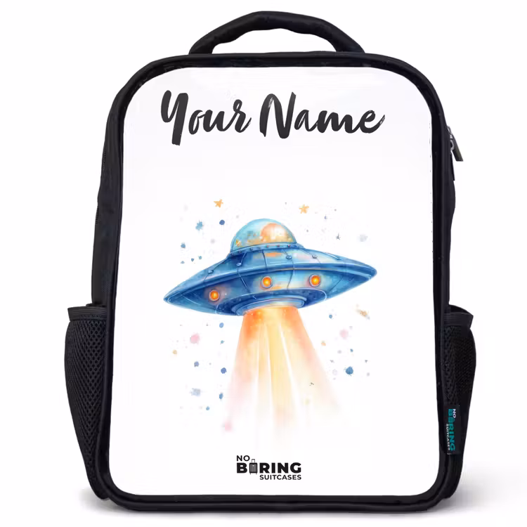 Kids backpack with name - Black - Blue spaceship with beam of light — 1