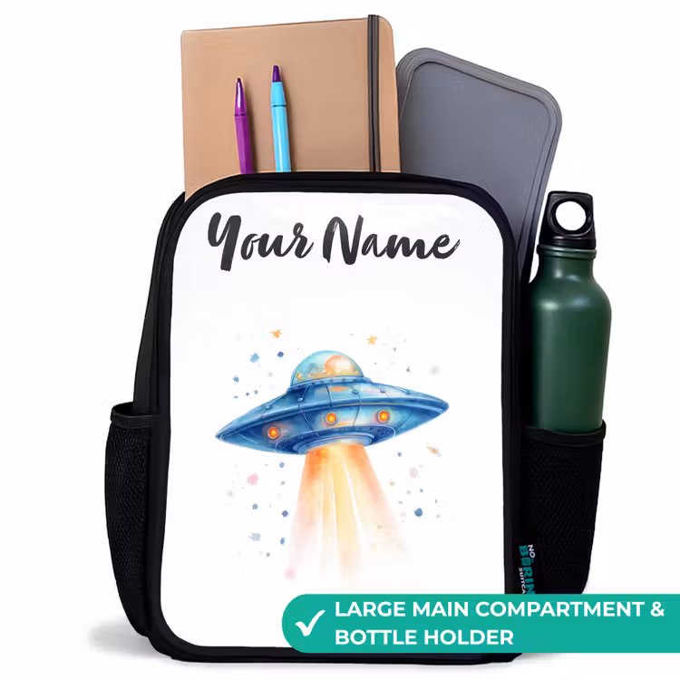 Kids backpack with name - Black - Blue spaceship with beam of light — 10
