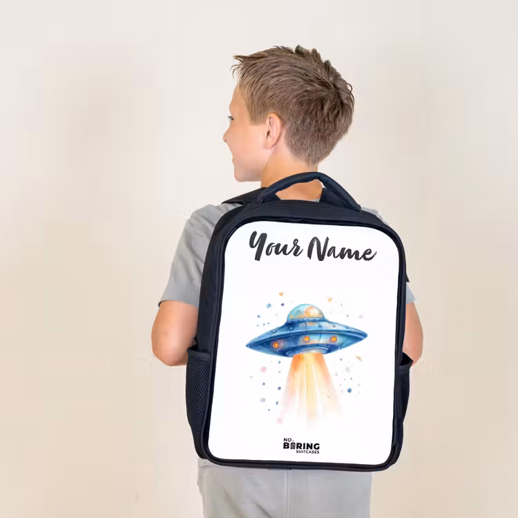 Kids backpack with name - Black - Blue spaceship with beam of light — 2