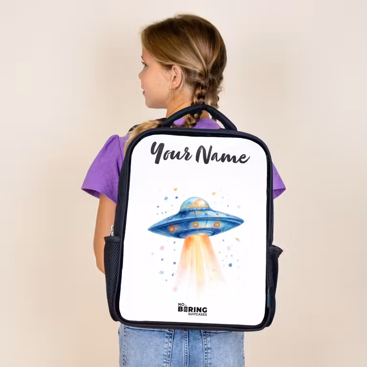 Kids backpack with name - Black - Blue spaceship with beam of light — 4