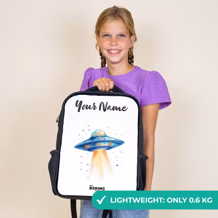Kids backpack with name - Black - Blue spaceship with beam of light — 9