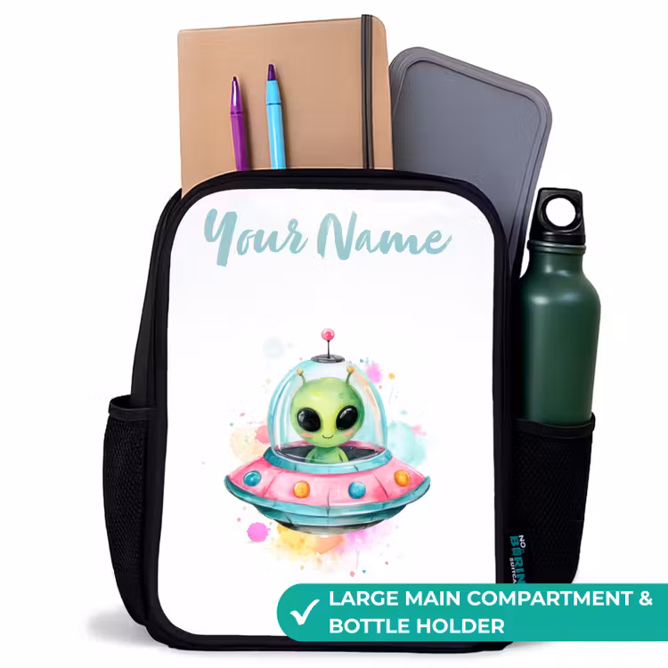 Kids backpack with name - Black - Green alien in colorful UFO — 10