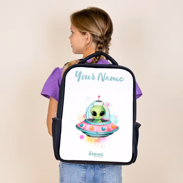 Kids backpack with name - Black - Green alien in colorful UFO — 4