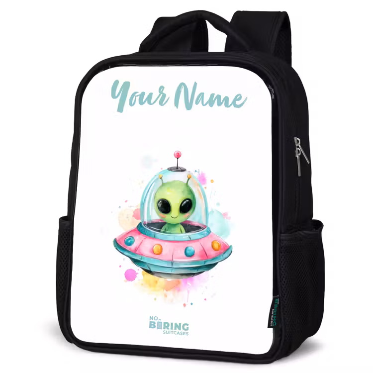 Kids backpack with name - Black - Green alien in colorful UFO — 6