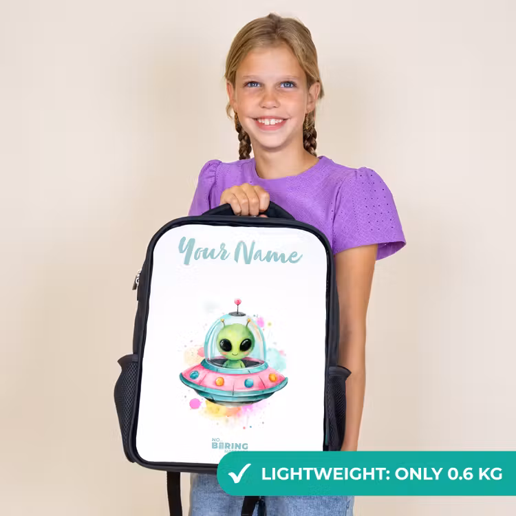 Kids backpack with name - Black - Green alien in colorful UFO — 9