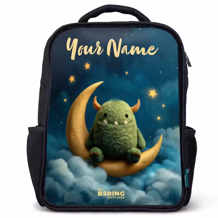 Kids backpack with name - Black - Green monster on crescent moon — 1