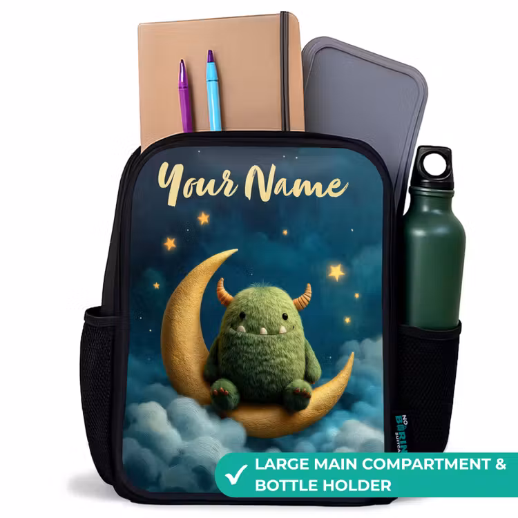 Kids backpack with name - Black - Green monster on crescent moon — 10