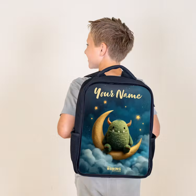 Kids backpack with name - Black - Green monster on crescent moon — 2