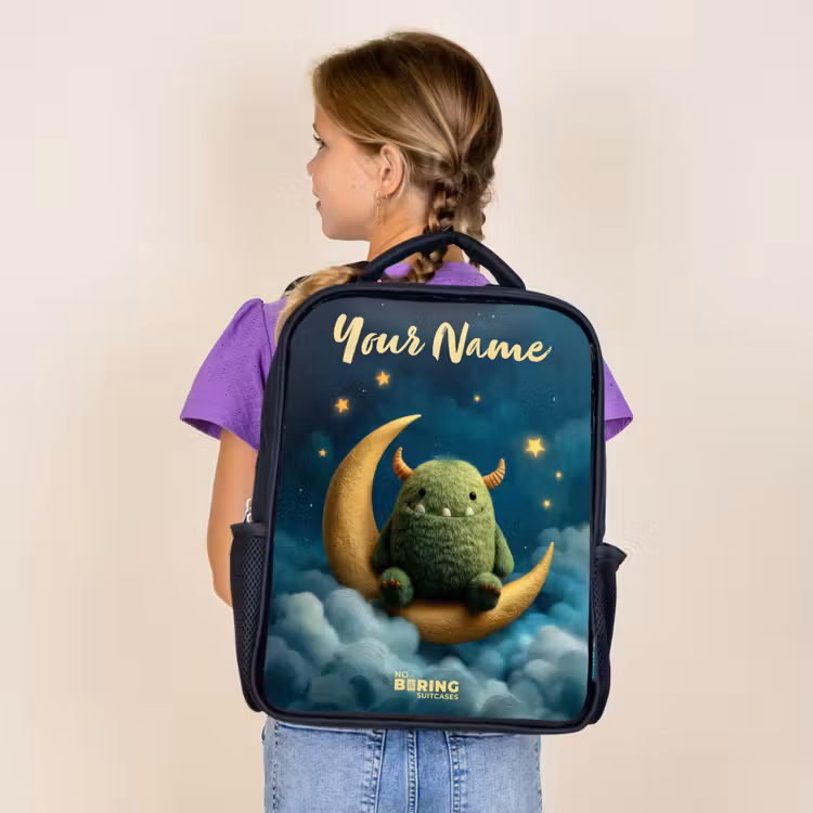 Kids backpack with name - Black - Green monster on crescent moon — 4