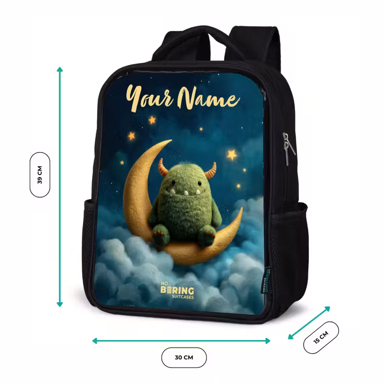 Kids backpack with name - Black - Green monster on crescent moon — 8