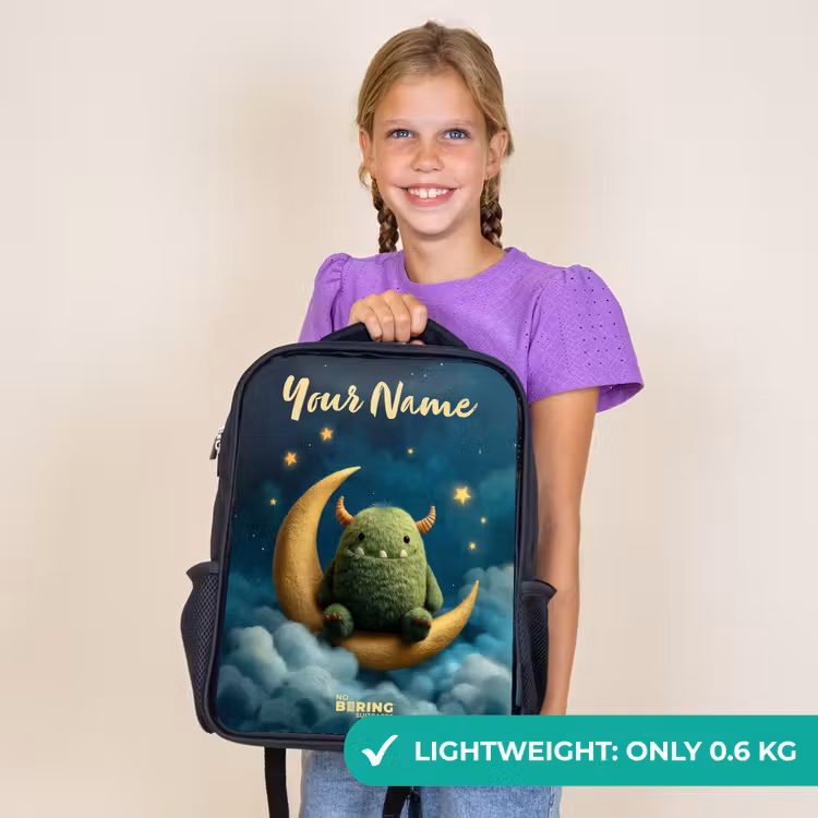 Kids backpack with name - Black - Green monster on crescent moon — 9