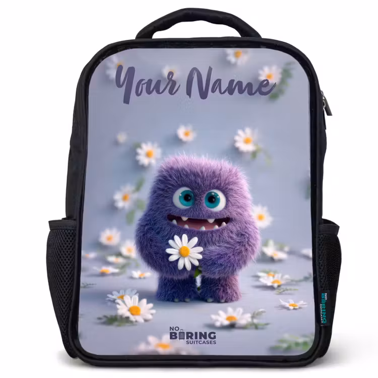Kids backpack with name - Black - Purple Fluffy Friend with Daisy — 1