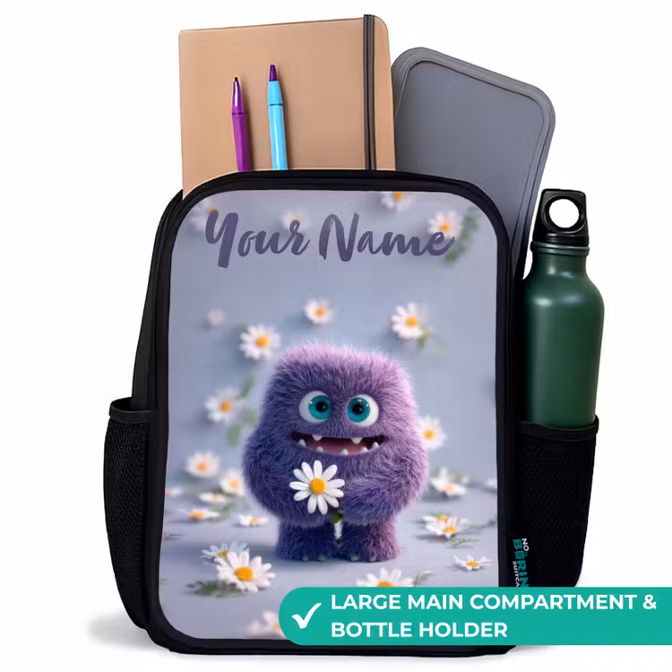 Kids backpack with name - Black - Purple Fluffy Friend with Daisy — 10