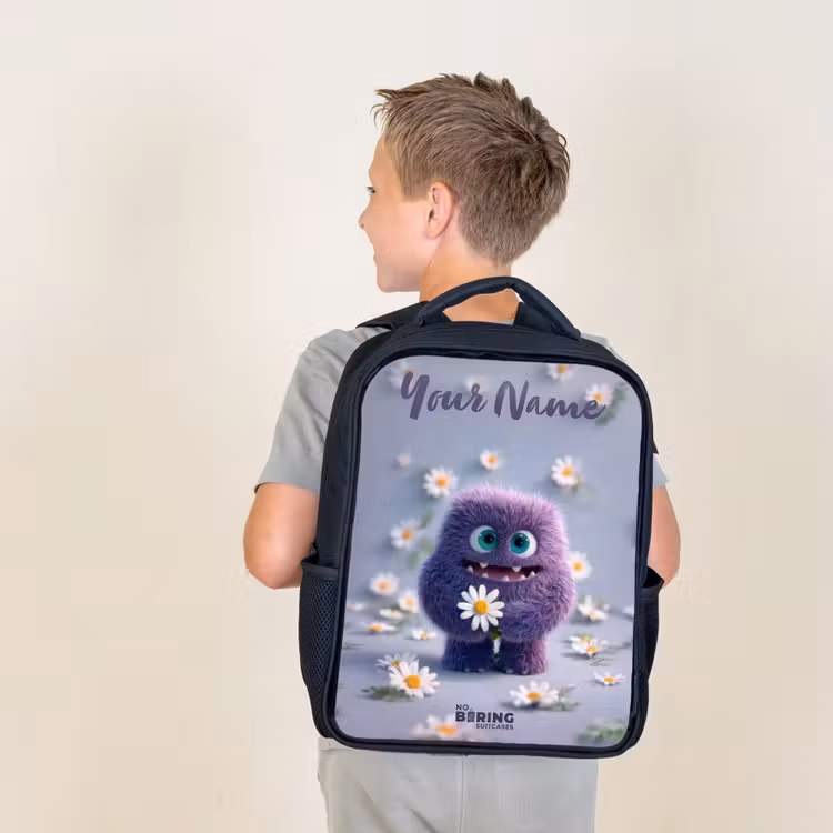 Kids backpack with name - Black - Purple Fluffy Friend with Daisy — 2