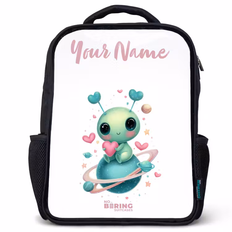 Kids backpack with name - Black - Sweet alien creature with heart — 1