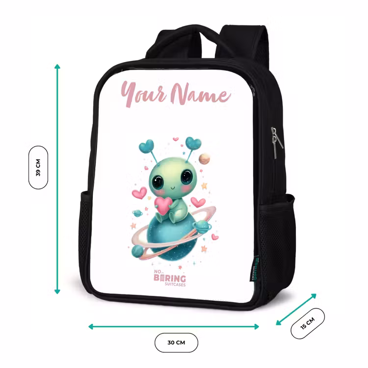Kids backpack with name - Black - Sweet alien creature with heart — 8