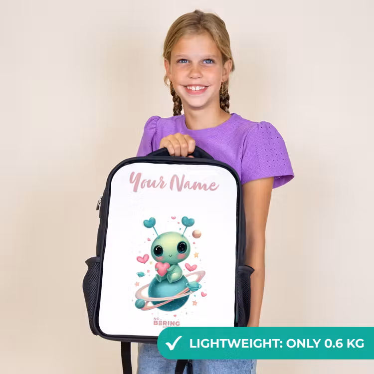 Kids backpack with name - Black - Sweet alien creature with heart — 9