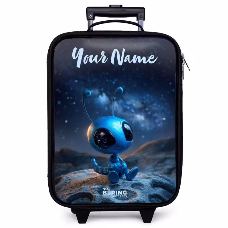 Children's suitcase with name - Blue alien creature under starry sky — 1