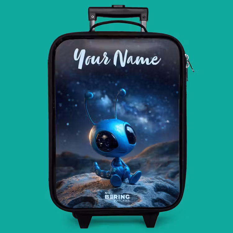 Children's suitcase with name - Blue alien creature under starry sky — 4