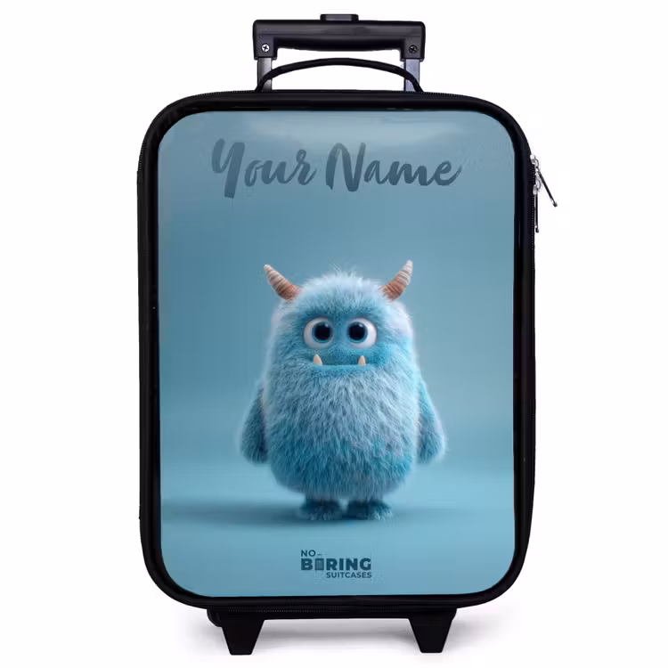 Children's suitcase with name - Blue fluffy monster with horns — 1