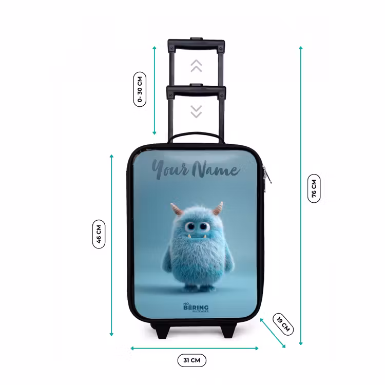 Children's suitcase with name - Blue fluffy monster with horns — 3