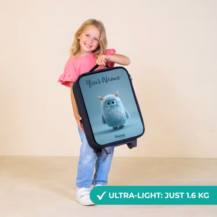 Children's suitcase with name - Blue fluffy monster with horns — 5