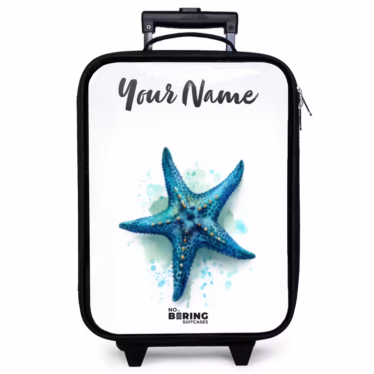 Children's suitcase with name - Blue Starfish on White Background — 1