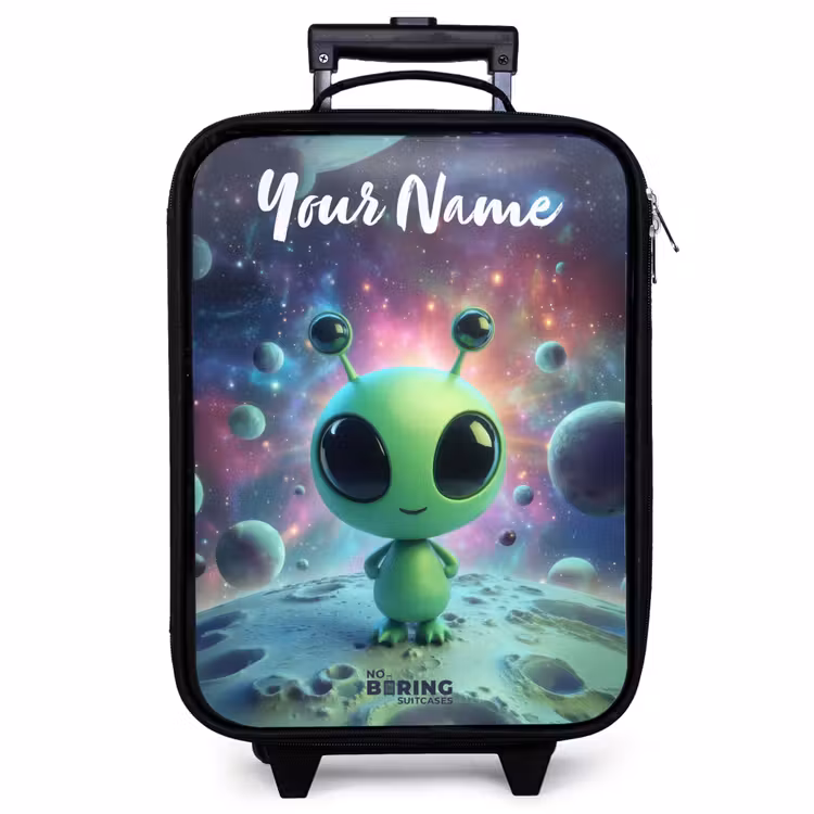 Children's suitcase with name - Green alien creature on lunar landscape — 1