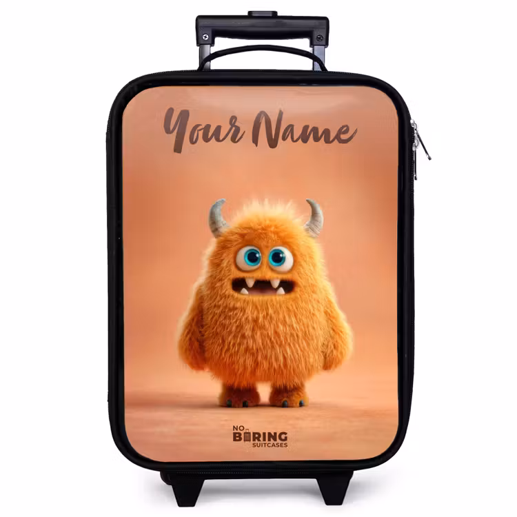 Children's suitcase with name - Orange Fluffy Monster with Horns — 1