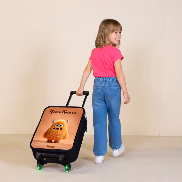 Children's suitcase with name - Orange Fluffy Monster with Horns — 2