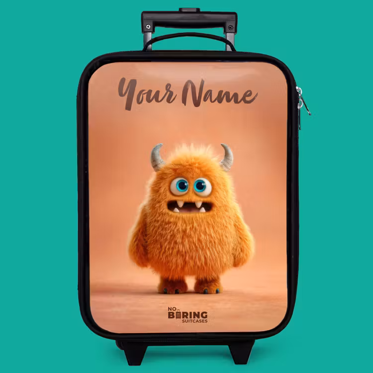 Children's suitcase with name - Orange Fluffy Monster with Horns — 4